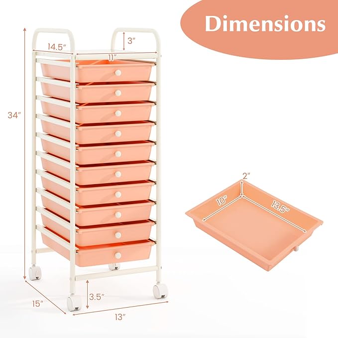 RELAX4LIFE 10 Drawer Rolling Cart - Slim Storage Cart w/Lockable Wheels for Classroom School Teacher Office, Art Supplies Paper Scrapbook Craft Organizers, Utility Cart with Drawers (Peach Pink)