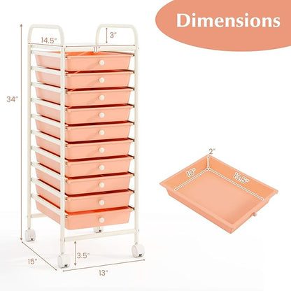 RELAX4LIFE 10 Drawer Rolling Cart - Slim Storage Cart w/Lockable Wheels for Classroom School Teacher Office, Art Supplies Paper Scrapbook Craft Organizers, Utility Cart with Drawers (Peach Pink)