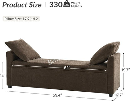 HULALA HOME Modern Storage Bench with Throw Pillows, 59.4" Extra Long Bedroom Ottoman Bench for End of Bed, Comfy Upholstered Footstool for Entryway Living Room Dining Room, Taupe