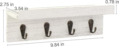 Rustic Key Holder for Wall, Farmhouse Wall Shelf with 4 Hooks, Wall Mounted Key Racks, Wooden Mail Organizer with Hooks for Entryway (White)