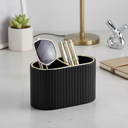 KINGFOM PU Leather Desk Organizer Pen Holder – Dual-Compartment Stylish Pencil Cup Remote Control Holder Desktop Supplies and Accessories Organizer Caddy for Office Home School (Black)