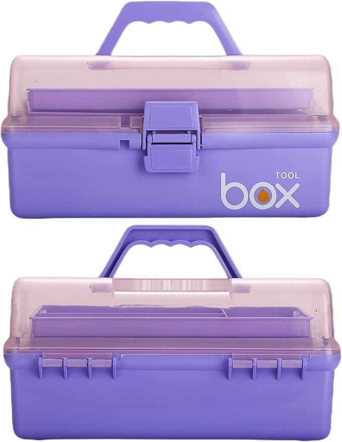 Kinsorcai 2PCS 12'' Three-Layer Clear Plastic Storage Box/Tool Box, Multipurpose Organizer and Portable Handled Storage Case for Art Craft and Cosmetic (Purple)
