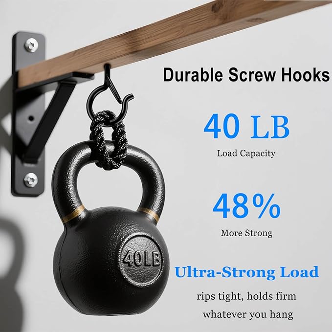 24 Pack Black Screw Hooks with Safety Buckle - 2.3 Inch Rustproof Eye Ceiling Hooks for Hanging Plants,Outdoor String Lights,Baskets,Christmas Lights & Decor,40lb Capacity (24, Black)