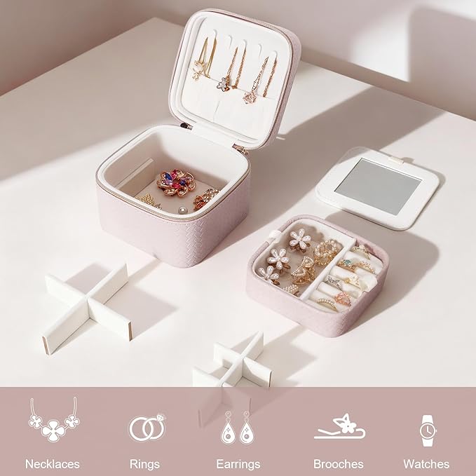 DesignSter Travel Jewelry Case for Woman, Small Travel Jewelry Box with Mirror,4.72×4.72×3.54 inches,Portable Design Travel Jewelry Organizer,Double Headed Zipper
