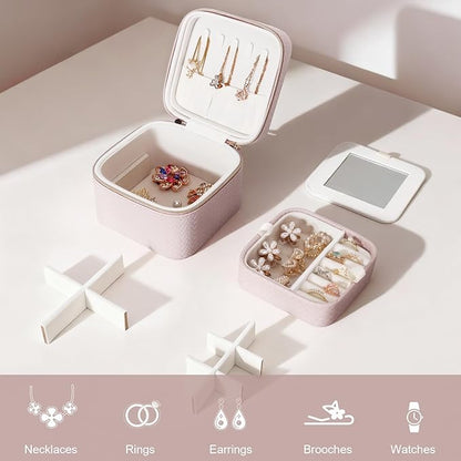 DesignSter Travel Jewelry Case for Woman, Small Travel Jewelry Box with Mirror,4.72×4.72×3.54 inches,Portable Design Travel Jewelry Organizer,Double Headed Zipper
