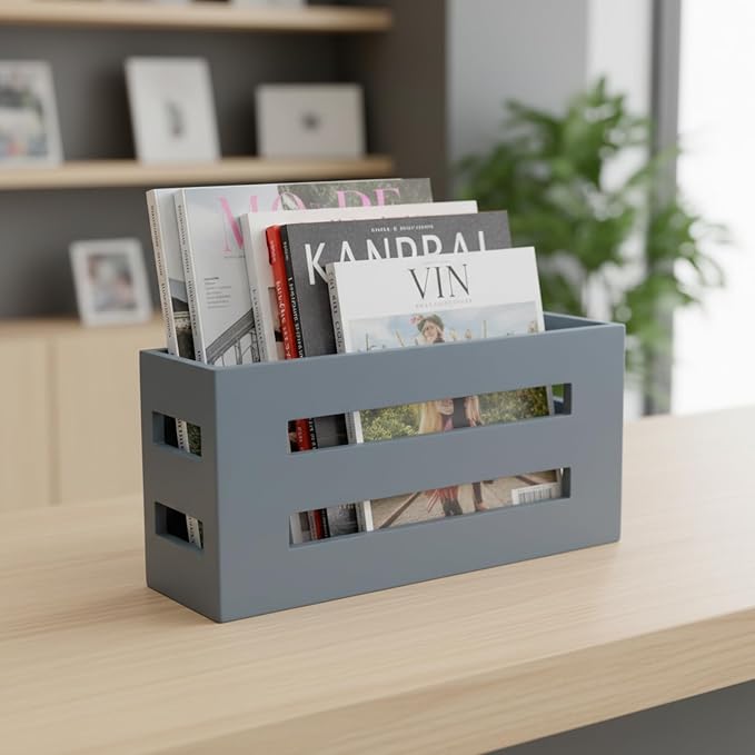 Magazine File Holder, Standing Wooden Magazine Rack, Desk Folder Organizer for Office & Bathroom-Gray