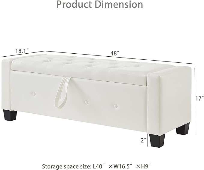 Furniliving Storage Bench, 48‘’ Upholstered PU Leather Ottoman Bench with Button-Tufted, Folding Bedroom Bench with Wood Legs, Entryway Bench for Bedroom, Cream White