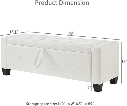 Furniliving Storage Bench, 48‘’ Upholstered PU Leather Ottoman Bench with Button-Tufted, Folding Bedroom Bench with Wood Legs, Entryway Bench for Bedroom, Cream White