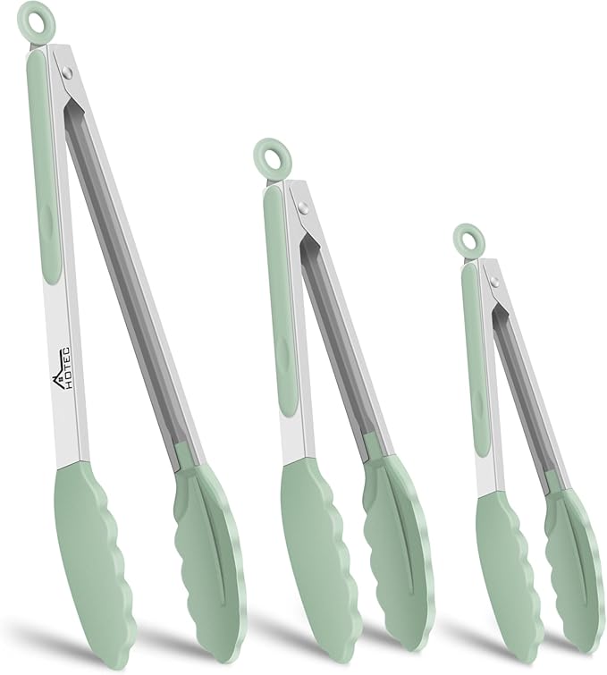 HOTEC Premium Stainless Steel Locking Kitchen Tongs with Silicon Tips, Set of 3-7", 9" and 12" (Light Green)
