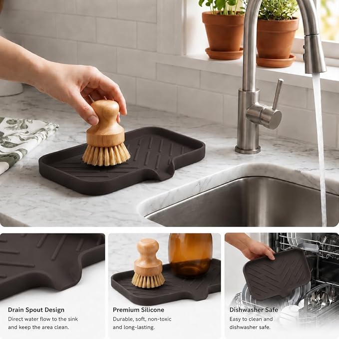 MicoYang Silicone Soap Dish with Drain Spout — Self-Draining Sink Organizer Tray for Bathroom & Kitchen, Sponges, Dispensers & Soap Holder, Non-Slip & Dishwasher Safe, Coffee (Medium, 9.6"×5.3")