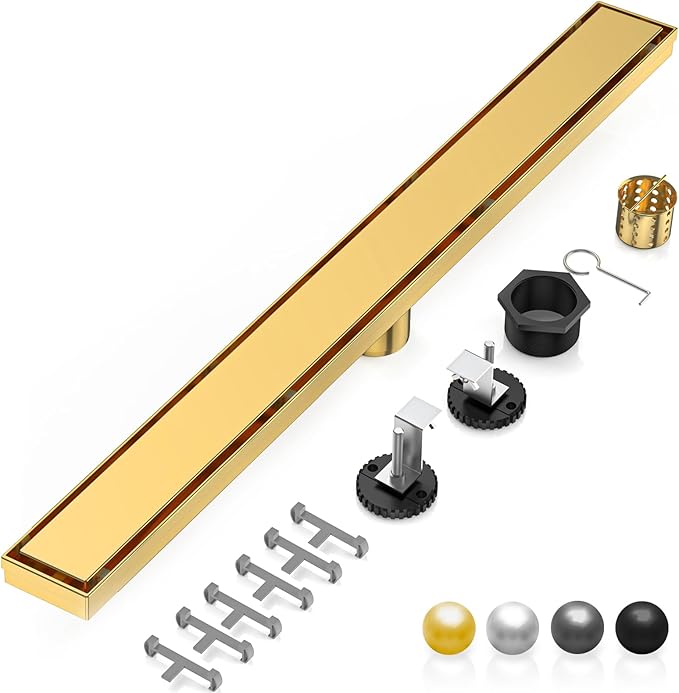 DLONE Linear Shower Drain | 48" AISI 304 Stainless Steel Linear Drain, Brushed Gold Shower Drain with Tile Insert Panel & Adjustable Feet, Long Rectangle Shower Floor Drain in Bathroom, Balcony, etc