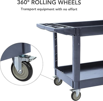 Utility Service Cart 2-Shelf 500 Lbs Capacity, Heavy Duty Rolling Cart with Two Trays and Brake Wheel for Warehouse, Garage, Cleaning, Manufacturing, Storage Handle, 45"X25" Gray