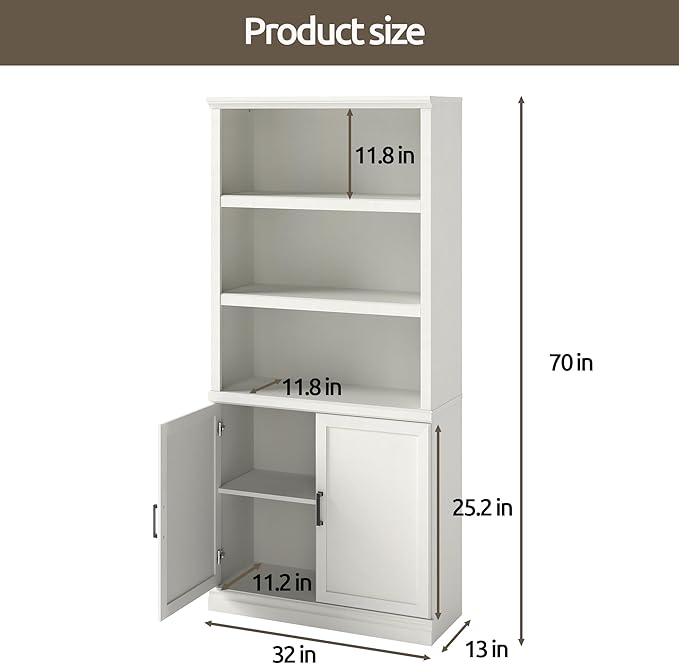 70 Inch Tall Bookcase with Doors, Library Office Bookshelf with Adjustable Shelves, Floor Standing Book Cabinet Shelves for Living Room Bedroom with Anti Tipping Kit, Soft White Finish