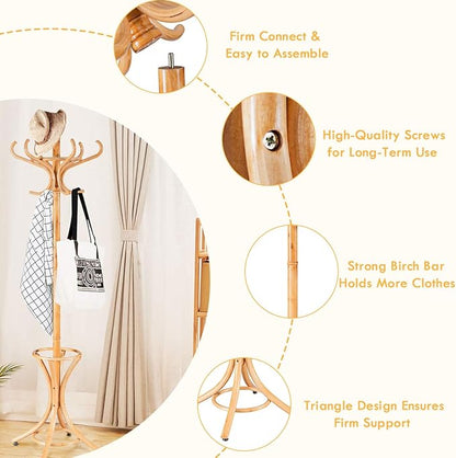Tangkula 75.5" Standing Coat Rack, Wood Coat Tree with 12 Hooks, Home Hat Jacket Hanger Tree 12 with Umbrella Holder Coat Stand (Oak)