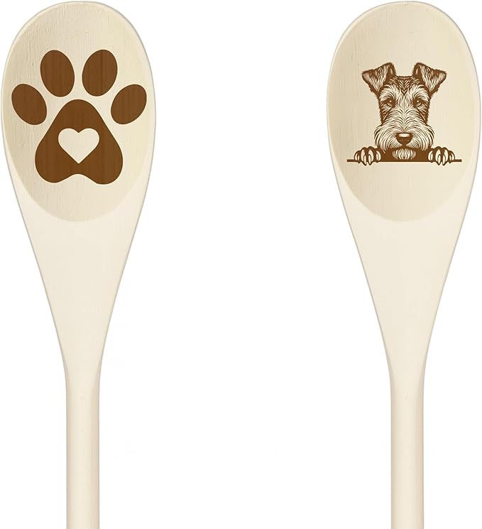WIREFOX TERRIER Wooden Spoons for Cooking, Serving or Decorative Kitchen Utensils Set Dog Lover Dog Mom/Dad Gift with Peeking Dog Designs, Paw Print and Dog Head, Kitchen Utensils Set of 2