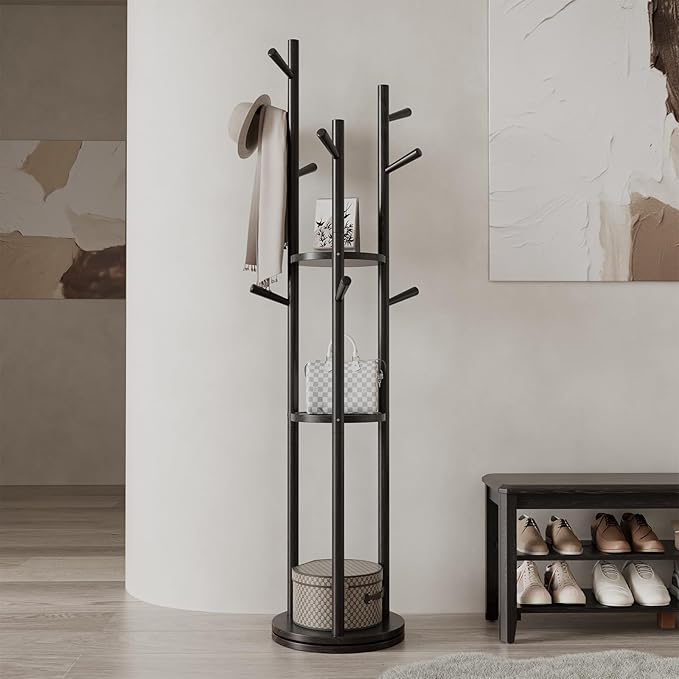 Muwuele Solid Wood Rotary Coat Rack, Freestanding Coat Rack with 3 Shelves and 9 Hooks, Coat tree for Bedroom, Entryway, Livingroom, Coat Hanger Stand for Coats, Scarves, Handbags (Black)