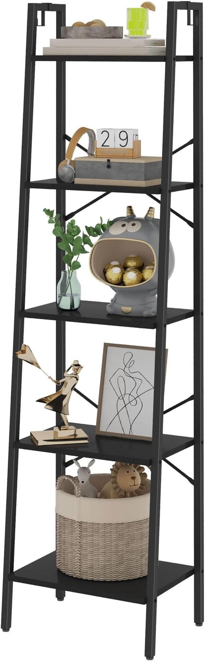 Ladder Shelf, Bookshelf Bookcase, Freestanding Corner Storage Shelve with 2 Hooks for Home Office, Living Room, Kitchen, Bedroom, Industrial, 11.8" D x 17.3" W x 63" H, Black BC19204B