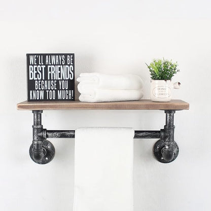 Industrial Pipe Shelf Bathroom Shelves Wall Mounted,19.6in Rustic Wood Shelf with Towel Bar,1 Tier Farmhouse Towel Rack Over Toilet,Pipe Shelving Floating Shelves Towel Holder,Retro Grey