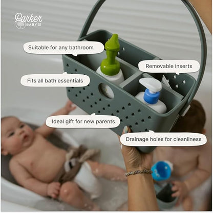 Parker Baby Bath Caddy | BPA Free & Food Grade Shower Caddy Organizer for Toys & Supplies | Quick-Dry, Sturdy & Perfect Size Shower Basket w/Handle in Neutral Colors