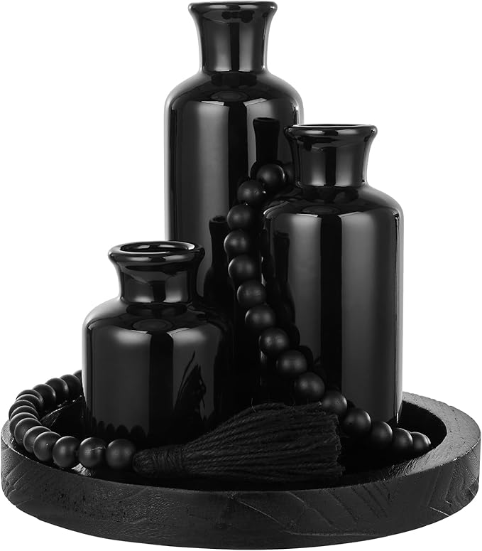 5 Pcs Rustic Tabletop Centerpieces Decor Set of 3 Boho Ceramic Vases with Wooden Serving Tray Wood Bead Garland Tassels Table Holder for Home Decorations (Black)