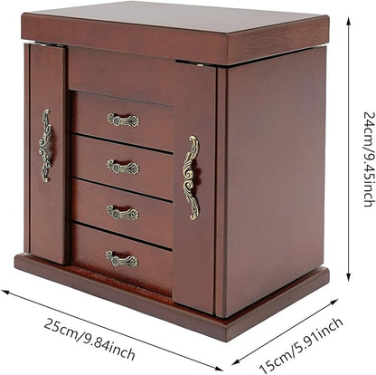 4-Drawer Wooden Jewelry Box, Wood Jewelry Organizer with 2 Side Doors and Mirror, Vintage Brown Finish Storage Case for Women Girls Gift Ready Watch Necklace Ring Earring