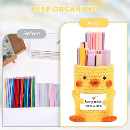 SKYDUE Crocheted Pen & Pencil Holder with Inspirational Card - Handmade Desk Organizer for Office, School, Home - Functional Desk Decor Pen Cup