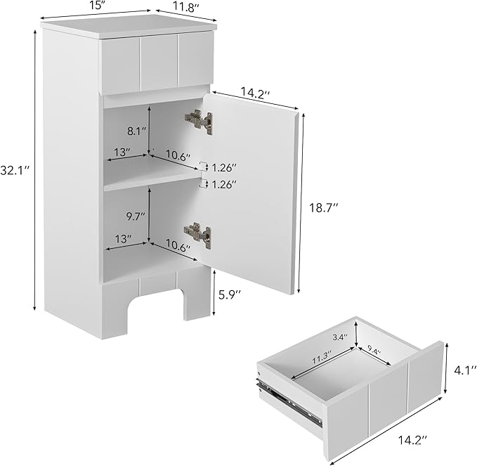 Small Bathroom Cabinet with Adjustable Shelves, Drawer, Anti-Tip Design, 14.96" L x 11.81" W x 32.09" H, Durable MDF for Bathroom, Kitchen, Laundry, Soft-Close Door
