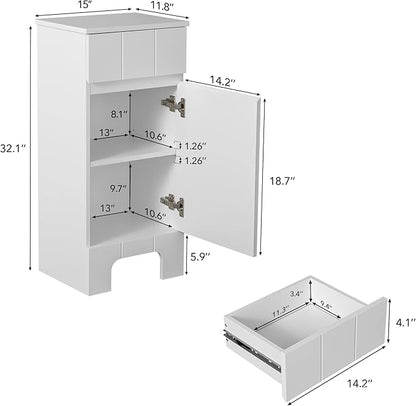 Small Bathroom Cabinet with Adjustable Shelves, Drawer, Anti-Tip Design, 14.96" L x 11.81" W x 32.09" H, Durable MDF for Bathroom, Kitchen, Laundry, Soft-Close Door