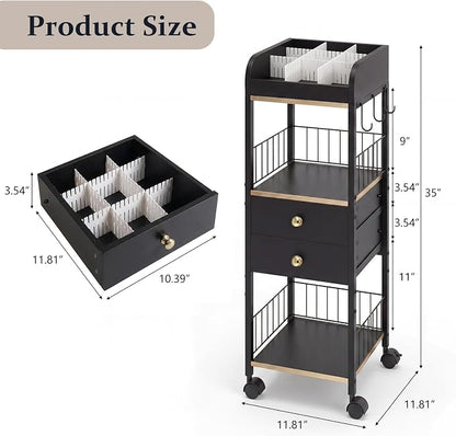 Makeup Organizer Cart, Rolling Floor Skincare Organizer and Storage with 2 Wooden Drawers, Cosmetics Display Cases Holder for Skin Care Perfume Hair Tools Nail Polish(Black&Glod)