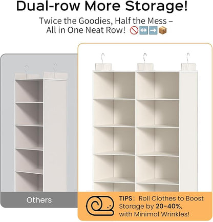 Space-Saving Hanging Closet Storage Organizer – Dual-Row Foldable Shelves with 3 Hooks, 6-Tier Wardrobe Organizer for Dorm, Bedroom, Closet (White)