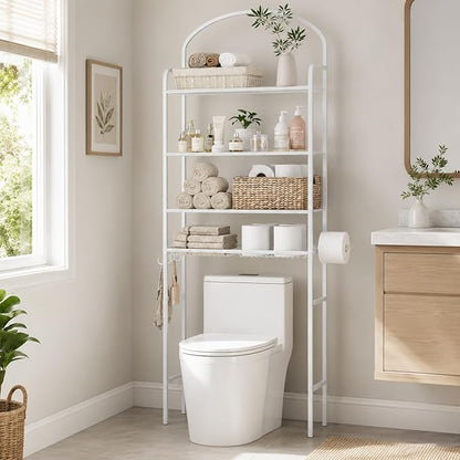 4-Tier Over The Toilet Storage, Bathroom Organizer, Space-Saving, 72" H Above Toilet Storage Rack with 4 Hooks and Paper Holder, Metal Shelf, White