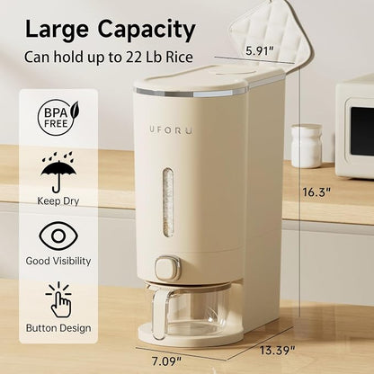 UFORU Rice Dispenser, 22 Lbs Rice Storage Container with Measuring Cup for Kitchen Pantry Household, Cereal Dry Food Storage Containers Airtight, Sealed Moisture Proof, Cream White