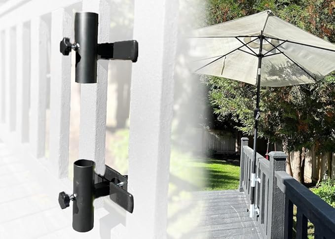| Patio Umbrella Holder | 2 Piece Split Design | Outdoor Umbrella Base and Mount | Attaches to Railing Maximizing Patio Space and Shade