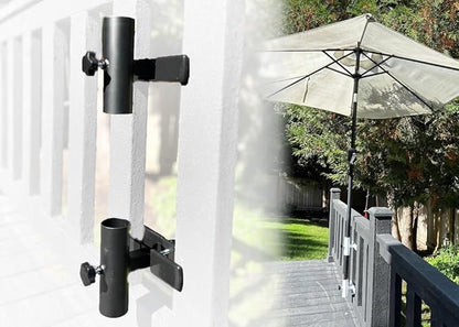 | Patio Umbrella Holder | 2 Piece Split Design | Outdoor Umbrella Base and Mount | Attaches to Railing Maximizing Patio Space and Shade