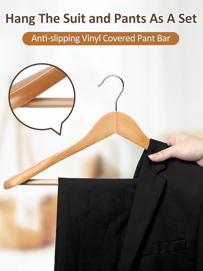 AMKUFO Wide Shoulder Wooden Hangers 8 Pack Coat Hanger with Non Slip Pants Bar, Heavy Duty Suit Hanger Wood Clothes Hangers with Smooth Finish 360° Swivel Hook for Sweater Jackets Shirts Natural