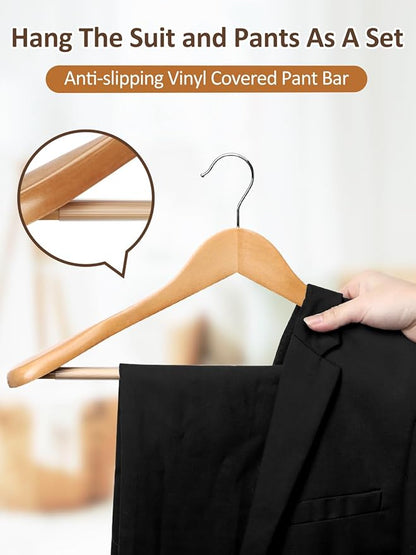 AMKUFO Wide Shoulder Wooden Hangers 8 Pack Coat Hanger with Non Slip Pants Bar, Heavy Duty Suit Hanger Wood Clothes Hangers with Smooth Finish 360° Swivel Hook for Sweater Jackets Shirts Natural
