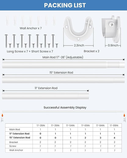 Supforce Closet Rods for Hanging Clothes, 17 to 69 Inches Stepless Adjustable Metal Closet Rod, 1.3 Inches Heavy Duty Clothes Hanging Rod for Closet Wardrobes Laundry RV, White