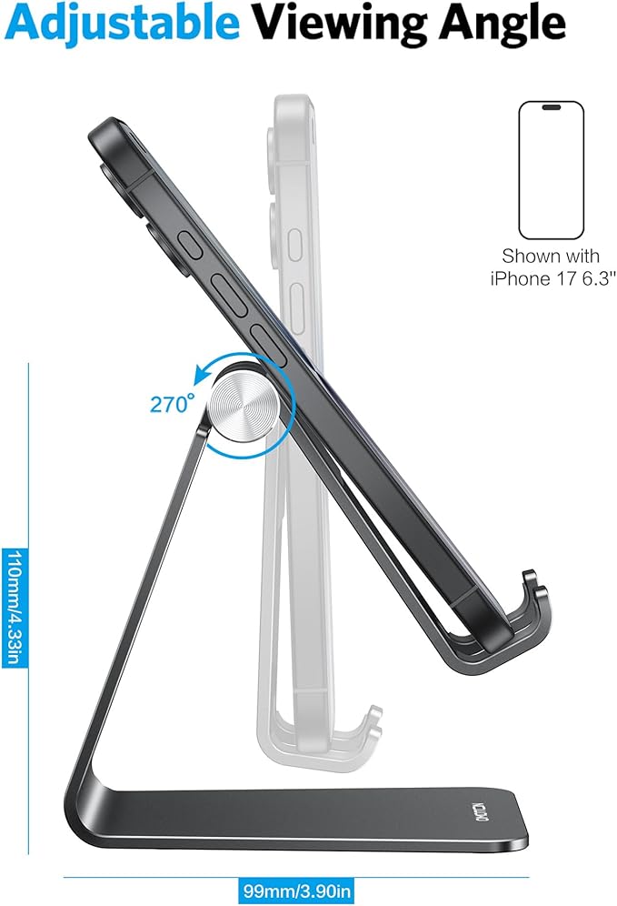OMOTON Adjustable Cell Phone Stand, C2 Aluminum Desktop Phone Holder Dock Compatible with iPhone 15 14 13 Xs XR 8 Plus 7 6, Samsung Galaxy, Google Pixel, Android Phones, Black