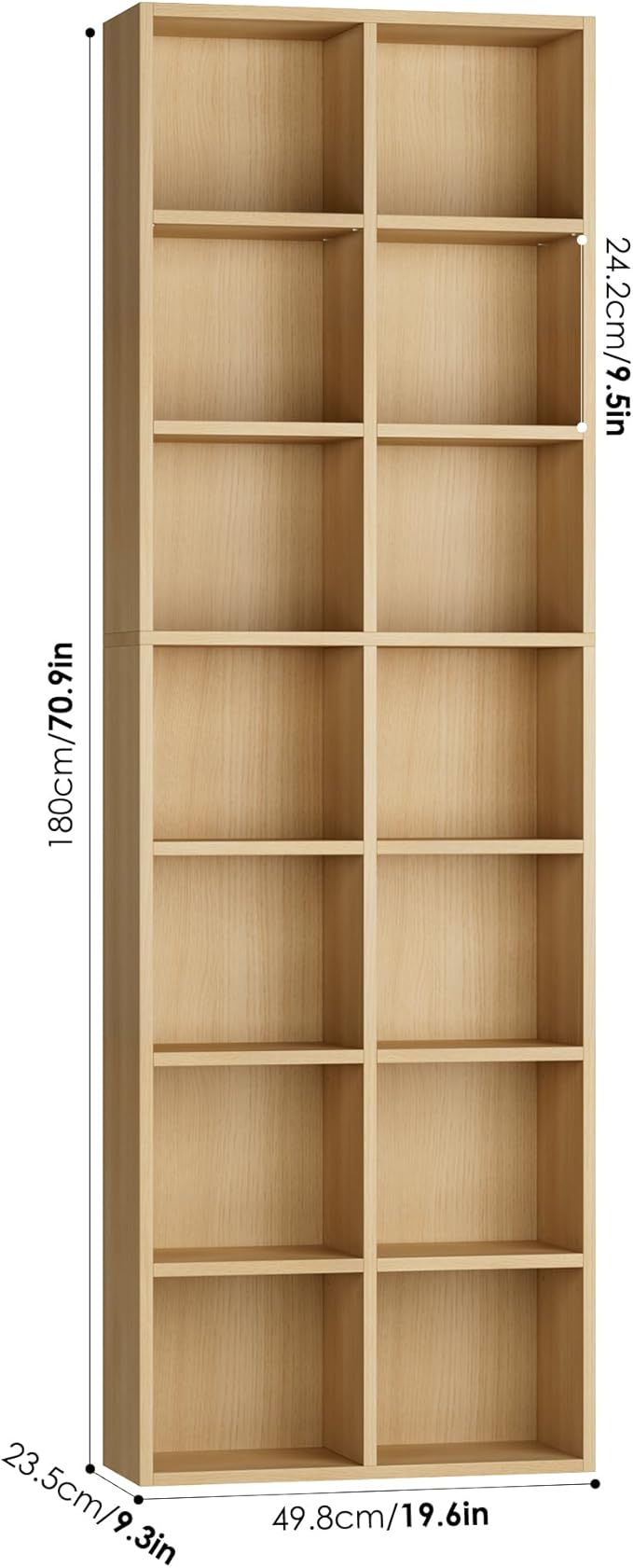 FOTOSOK 71'' Tall Bookshelf with 14 Cubes, 7 Tier Double Wide Wood Bookshelf with 6 Adjustable Shelves, 19.6" Narrow Bookcase DVD/CD Media Storage, Space Saving Display Shelf Cabinet, Natural