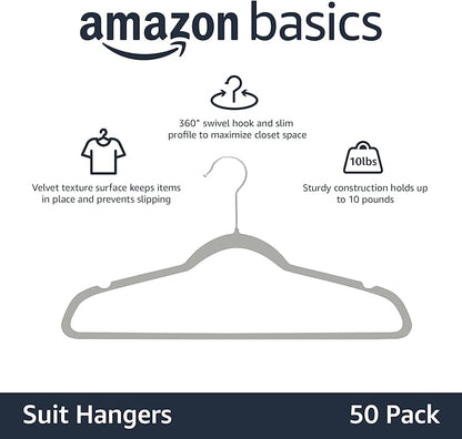 Amazon Basics Slim, Velvet, Non-Slip Suit Clothes Hangers, Gray/Silver - Pack of 50