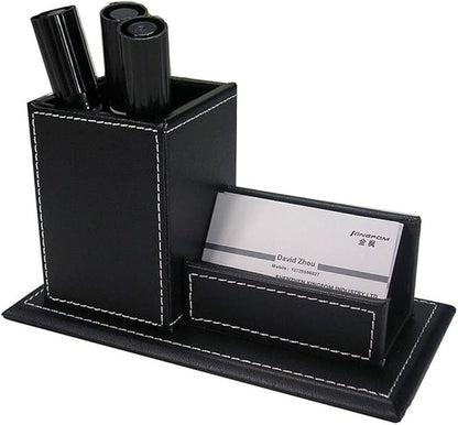 KINGFOM Office Desk Organizer Set 5PCS Supplies Synthetic Leather Including File Holder Cabinet, Desk Organizer Drawer, Multifunction Pencil Holder, Memo Paper Holder,and Tissue Box Holder (T09-Black)