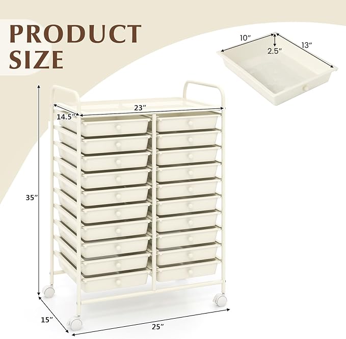 GOFLAME 20-Drawer Rolling Storage Cart, Multifunctional Art Craft Organizer, Mobile Utility Storage with Removable Drawers & Lockable Wheels, Craft Cart for Home Office, White
