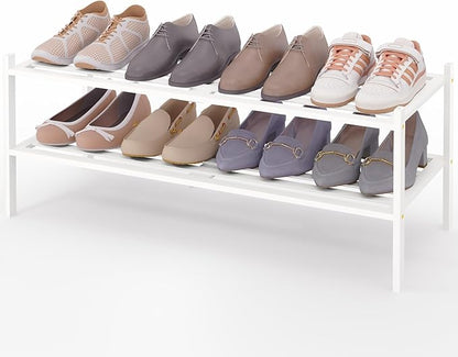 Smiry Long Bamboo Shoe Rack 2-Tier, Stackable Wooden Shoe Organizer for Entryway & Closet, Free Standing Wood Shoe Storage Shelf for Front Door & Small Spaces, White