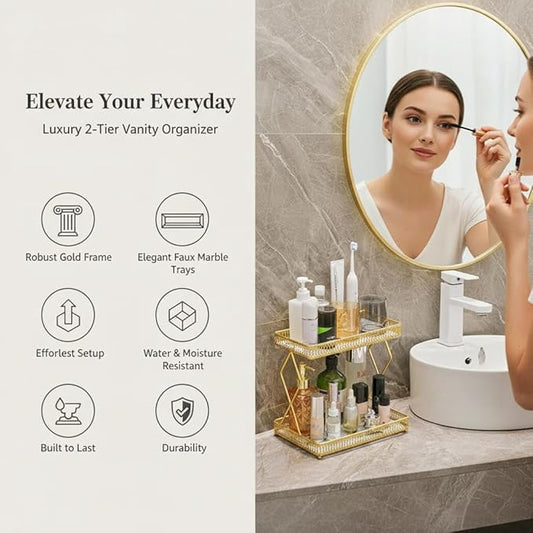MLVOC Makeup Organizer Countertop, Gold Skincare Organizer, Durable Metal Storage for Bathroom or Bedroom Vanity, Tall Spacious Design for Large Bottles