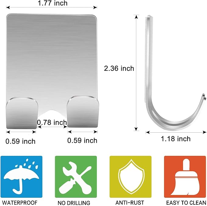 Deluxe Razor Holder for Shower-Hook Hanger Stand(4 Pack)Adhesive Stainless Steel Heavy Duty Utility Storage Hook,Shower Hook for Razor Bathroom Kitchen Organizer for Shaver Plug Robe Towel Loofah Coat