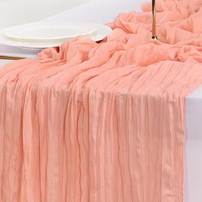 Socomi Coral Peach Valentine's Day Cheesecloth Table Runner Boho Rustic Gauze 120 inch 10FT Cheese Cloth Runner for Wedding Party Baby Shower Birthday Home Decor Holiday Decorations
