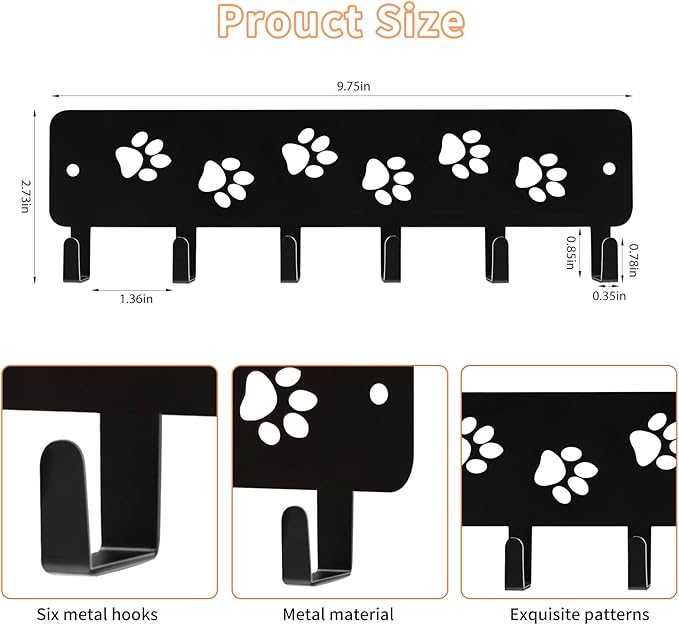 Key Hooks Key Holder Decorative Dog Leash Holder for Wall, 6 Hooks 9.75×2.73 inch for Wall Decorative Animal Storage Rack Adhesive, Black Hooks for Entrance Living Room Kitchen-Gifts for Dog Lovers
