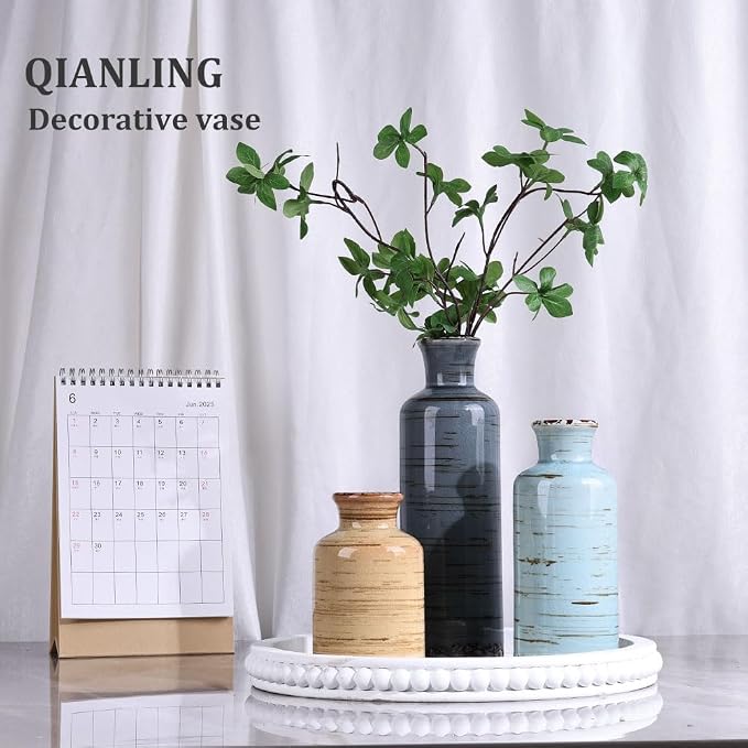 Ceramic Vase Set - 3 Small Flower Vases Home Decor, Modern Rustic Farmhouse Pottery Vases for Centerpieces, Living Room, Kitchen, Shelf, Bedroom, Bathroom, Fireplace, Table Shelf and Entryway Decor