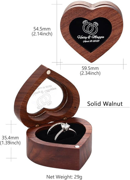Custom4U Personalized Wedding Ring Box for Proposal Double Slots Rustic Wooden Ring Case Custom Name Jewelry Box for Engagement