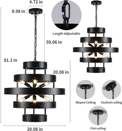 Modern Dining Room Light Fixture Over Table, 6-Light Black Farmhouse Chandelier Industrial Round Metal Rustic Chandeliers Lighting for Kitchen Living Room Entryway Hallway